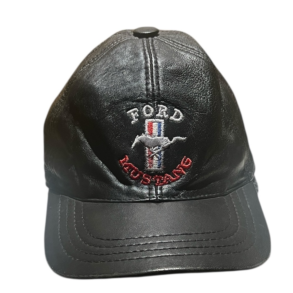 Vintage Ford Mustang Leather Hat Cap Black Velcro Strap Adult O/S